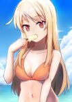 1girl absurdres artist_request bangs bikini blonde_hair blue_sky breasts cleavage cloud commentary_request day eyebrows_visible_through_hair food food_in_mouth hand_up highres long_hair looking_at_viewer melting navel ocean orange_bikini outdoors popsicle red_eyes sakura-sou_no_pet_na_kanojo shiina_mashiro sky solo swimsuit upper_body 