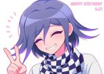  1boy bangs black_scarf blush checkered checkered_neckwear closed_eyes commentary_request danganronpa_(series) danganronpa_v3:_killing_harmony dated eyebrows_visible_through_hair facing_viewer grin happy_birthday male_focus ouma_kokichi portrait purple_hair sasakama_(sasagaki01) scarf short_hair simple_background smile solo upper_body v white_background white_scarf 