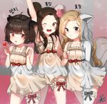  3girls absurdres animal_ears arm_up armpits bear_ears bear_girl blade_&amp;_soul blonde_hair bow brown_eyes brown_hair cat_ears cat_girl clenched_hands commission dress flower forehead fox_ears fox_girl fox_tail garters hair_flower hair_ornament heart highres long_hair lyn_(blade_&amp;_soul) multiple_girls one_eye_closed open_mouth red_eyes ribbon short_dress short_hair sleeveless sleeveless_dress smile sundress tail tjauddla white_dress 