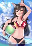  1girl absurdres animal_ear_fluff animal_ears ball bangs bare_shoulders beachball bikini black_hair blue_sky breasts carrying commentary_request day eyebrows_visible_through_hair hair_between_eyes hair_ornament hairclip hand_on_forehead highres hilamaru hololive in_water long_hair looking_at_viewer multicolored_hair navel ocean ookami_mio open_mouth outdoors red_bikini red_hair side-tie_bikini sky smile solo stomach streaked_hair sun sunlight swimsuit tail virtual_youtuber wolf_ears wolf_girl wolf_tail x_hair_ornament yellow_eyes 
