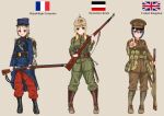  3girls absurdres ammunition_pouch ankle_boots backpack bag belt belt_buckle black_hair blonde_hair blue_eyes blush bolt_action boots braid brown_eyes buckle canteen commentary entrenching_tool french_flag green_eyes gun hat helmet highres imperial_german_flag kepi lebel_model_1886 lee-enfield load_bearing_equipment long_hair looking_at_viewer mauser_98 military military_hat military_uniform multiple_girls open_mouth original peaked_cap pickelhaube pointing pouch puttee rifle ryuukihei_rentai short_hait silver_hair simple_background single_braid sling smile soldier twintails uniform union_jack weapon world_war_i 
