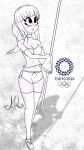  1girl 2020_summer_olympics bangs blunt_bangs blush boots breasts commentary copyright_name english_commentary eyebrows_visible_through_hair flag full_body gloves highres large_breasts logo long_hair m3lw olympics open_mouth self_upload shorts signature simple_background sketch solo standing thighhighs thighs white_background 