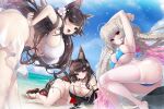  3girls amagi_(azur_lane) animal_ears armpits arms_up ass atago_(azur_lane) azur_lane bangs bare_hips bare_shoulders beach bent_over bikini bikini_pull black_hair blue_bikini braid braided_bun breasts cleavage clothes_pull collar covered_nipples crossed_legs crotch_seam double_bun eyebrows_visible_through_hair feathered_wings feathers feet_out_of_frame flower formidable_(azur_lane) hair_flower hair_ornament hand_on_hip hanging_breasts happy highres koflif large_breasts looking_at_viewer looking_back lying mole mole_under_eye multiple_girls on_side open_mouth purple_eyes red_eyes sand sandals see-through_skirt shiny shiny_skin skin_tight skindentation skirt smile swimsuit thick_thighs thigh_strap thighhighs thighs water white_bikini white_hair white_legwear wings yellow_eyes 