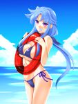  1girl bangs bikini blue_bikini blue_hair blue_ribbon blue_sky breasts cameltoe cloud cloudy_sky commentary covered_nipples cowboy_shot day eyebrows_visible_through_hair fang grin hair_ribbon hakkai halterneck highres holding holding_innertube horizon innertube large_breasts long_hair looking_at_viewer low_twintails lyrical_nanoha mahou_shoujo_lyrical_nanoha mahou_shoujo_lyrical_nanoha_a&#039;s mahou_shoujo_lyrical_nanoha_a&#039;s_portable:_the_battle_of_aces material-l navel ocean older outdoors purple_eyes ribbon side-tie_bikini sky smile solo standing swimsuit twintails water 