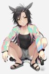  1girl air_shakur_(umamusume) animal_ears bangs bare_legs black_hair black_nails black_tank_top can collarbone commentary_request drink ear_piercing energy_drink full_body grey_background grey_shorts holding holding_can holding_drink horse_ears jacket long_hair long_sleeves looking_at_viewer monster_energy nail_polish open_clothes open_jacket parted_lips piercing sandals shorts simple_background solo squatting tan_(inka) tank_top toenail_polish toenails umamusume yellow_eyes 