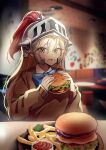  1girl asymmetrical_bangs bangs blonde_hair blue_ribbon blurry blurry_background burger eating eyebrows_visible_through_hair female_knight_(guardian_tales) food food_on_face french_fries green_eyes guardian_tales helmet highres holding holding_food indoors long_hair looking_at_viewer minmang_bokjang open_mouth ribbon sauce school_uniform 