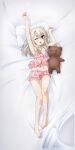  1girl ;o albino bed_sheet camisole cherry_print dakimakura_(medium) fate/kaleid_liner_prisma_illya fate_(series) food_print illyasviel_von_einzbern lying official_art on_back one_eye_closed pajamas pillow raised_eyebrow red_eyes solo stuffed_animal stuffed_toy teddy_bear waking_up white_hair yawning 