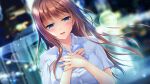  1girl bangs blue_eyes blurry blurry_background blush bokeh bow bowtie brown_hair city crying depth_of_field game_cg hand_on_own_chest highres himukai_chihiro himukai_chihiro_wa_shigoto_ga_tsuzukanai light_particles long_hair looking_at_viewer night non-web_source open_mouth outdoors shirt solo tears white_shirt 