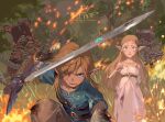  1boy 1girl artist_name bangs belt black_belt blonde_hair blood blood_on_face blue_eyes blue_tunic brown_pants character_request dress e_volution fire grass hand_up holding holding_sword holding_weapon jewelry link long_hair master_sword one_eye_closed open_mouth outdoors pants pointy_ears princess_zelda short_sleeves sidelocks sword teeth the_legend_of_zelda the_legend_of_zelda:_breath_of_the_wild tongue tree weapon white_dress 