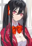  1girl absurdres black_hair blazer bow bowtie closed_mouth collared_shirt expressionless hair_ribbon highres jacket light_blush long_hair looking_at_viewer loose_bowtie original red_eyes red_jacket red_neckwear red_ribbon ribbon shirt solo takehana_note two_side_up upper_body white_shirt 