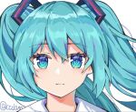  1girl bangs blue_eyes blue_hair ccclann closed_mouth commentary_request expressionless eyebrows_visible_through_hair face hatsune_miku long_hair looking_at_viewer portrait simple_background solo twintails twitter_username vocaloid white_background 
