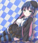  aqua_eyes bangs beret black_jacket black_legwear blue_hair blue_legwear blue_neckwear blush breasts checkered checkered_background checkered_skirt collared_shirt hat jacket kou89 long_hair multicolored multicolored_clothes multicolored_hair multicolored_legwear pale_skin panty_&amp;_stocking_with_garterbelt pink_hair shirt skirt smile stocking_(psg) white_shirt 