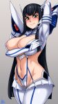  1girl absurdres areola_slip areolae arms_up black_hair blue_eyes blush breasts closed_mouth highres jmg junketsu kill_la_kill kiryuuin_satsuki large_breasts long_hair looking_at_viewer miniskirt navel panties skindentation skirt solo stomach sweatdrop thighhighs thighs underwear white_legwear white_panties 