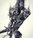  1other armor bearer_of_the_curse dark_souls_ii facing_viewer full_armor grey_background greyscale helmet highres holding holding_sword holding_weapon monochrome pauldrons shimhaq shoulder_armor signature simple_background solo souls_(series) standing sword weapon 