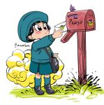  1girl amartbee bag bangs black_eyes black_footwear black_hair blue_headwear blue_legwear blue_skirt blue_sky blue_sweater blush_stickers delivery dragon_ball dragon_ball_super dragon_ball_super_super_hero flying_nimbus grass hat highres holding holding_letter kindergarten_uniform letter mailbox_(incoming_mail) mary_janes outdoors pan_(dragon_ball) piccolo school_bag school_uniform shirt shoes short_hair signature simple_background sitting skirt sky smile socks solo sweater twitter_username white_background white_shirt 