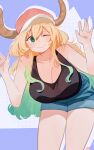  1girl blonde_hair blush breasts cleavage closed_mouth eyebrows_visible_through_hair gradient_hair green_eyes green_hair hat highres horns kobayashi-san_chi_no_maidragon large_breasts looking_at_viewer lucoa_(maidragon) multicolored_hair one_eye_closed ryusei_hashida short_shorts shorts signature smile solo tank_top thighs 