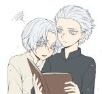  2boys bangs black_shirt blue_eyes book brothers child dante_(devil_may_cry) devil_may_cry_(series) eyebrows_visible_through_hair hair_slicked_back head_on_another&#039;s_shoulder holding holding_book kuronohana long_sleeves looking_at_another male_focus multiple_boys open_book parted_bangs reading shirt short_hair siblings simple_background squiggle twins vergil_(devil_may_cry) white_background white_shirt younger 