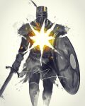  1boy commentary dark_souls_i english_commentary helmet highres holding holding_shield holding_sword holding_weapon male_focus plume shield shimhaq solaire_of_astora solo souls_(series) standing sword tabard weapon 