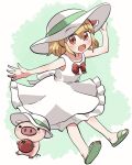  1girl :d alternate_costume bangs blonde_hair bow bowtie dress eyebrows_visible_through_hair food full_body green_background green_footwear green_ribbon hair_ribbon hand_on_headwear hat hat_ribbon holding holding_food looking_at_viewer open_mouth pig red_bow red_eyes red_neckwear red_ribbon ribbon rokugou_daisuke rumia sandals short_hair sleeveless sleeveless_dress smile tomato touhou touhou_cannonball white_dress white_headwear 