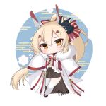  1girl ayanami_(azur_lane) ayanami_(pulse_of_the_new_year)_(azur_lane) azur_lane bangs black_skirt chan&#039;nu chibi choker commentary_request eyebrows_visible_through_hair fox_mask full_body fur_trim hair_ornament hairclip headgear highres japanese_clothes light_brown_hair long_hair looking_at_viewer mask mask_on_head orange_eyes pleated_skirt ponytail retrofit_(azur_lane) sidelocks simple_background skirt solo standing standing_on_one_leg thighhighs white_background wide_sleeves zettai_ryouiki 