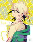  1boy bangs blonde_hair closed_mouth collarbone commentary_request danganronpa_(series) danganronpa_2:_goodbye_despair dated from_side grey_background grey_jacket hair_between_eyes jacket komaeda_nagito looking_at_viewer male_focus medium_hair messy_hair multicolored multicolored_background orange_background print_shirt profile sasakama_(sasagaki01) shiny shiny_hair shirt smile solo upper_body white_background yellow_background 