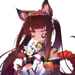  1girl 3: absurdres amagi-chan_(azur_lane) animal_ears azur_lane bangs bell blunt_bangs brown_hair calligraphy_brush cat collar commentary_request eyebrows_visible_through_hair fox_ears highres ink long_hair long_sleeves looking_at_viewer manjuu_(azur_lane) neck_bell off-shoulder_kimono one_eye_closed paintbrush purple_eyes rope shimenawa sidelocks thick_eyebrows twintails white_background wide_sleeves yuking 