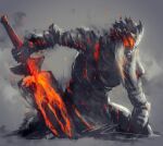  1boy armor breastplate closed_mouth dark_souls_iii full_armor gauntlets helmet highres holding holding_sword holding_weapon long_hair lorian_(elder_prince) male_focus monochrome pauldrons red_theme shimhaq shoulder_armor signature solo souls_(series) sword weapon 