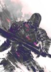  1boy armor breastplate fighting_stance from_side full_armor gauntlets helmet highres holding holding_sword holding_weapon iron_knight_tarkus male_focus pauldrons shimhaq shoulder_armor solo sword weapon 