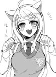  1girl :d ahoge akamatsu_kaede animal_ears bangs blush breasts cat_ears collared_shirt danganronpa_(series) danganronpa_v3:_killing_harmony eyebrows_visible_through_hair fang greyscale hands_up large_breasts long_hair looking_at_viewer monochrome necktie notice_lines open_mouth paw_pose sasakama_(sasagaki01) shirt smile solo upper_body vest 