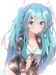  1girl bangs bikini black_jacket blue_eyes blue_hair blush breasts cleavage closed_mouth collarbone eyebrows_visible_through_hair front-tie_bikini front-tie_top hair_ornament hairclip halkawa501 hatsune_miku highres hood hood_down hooded_jacket jacket long_hair long_sleeves navel open_clothes open_jacket shiny shiny_hair simple_background solo striped striped_bikini swimsuit twintails very_long_hair vocaloid white_background 