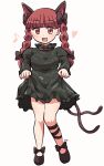  1girl :3 :d animal_ears bangs black_bow black_dress black_footwear black_ribbon blunt_bangs bow braid cat_ears cat_tail clothes_lift dress dress_lift eighth_note extra_ears eyebrows_visible_through_hair footwear_bow full_body hair_bow heart highres kaenbyou_rin leg_ribbon lifted_by_self long_hair long_sleeves looking_at_viewer multiple_tails musical_note nekomata open_mouth red_eyes red_hair ribbon rokugou_daisuke side_braids signature simple_background smile solo standing tail thighs touhou twin_braids two_tails white_background 