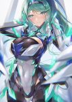  1girl bangs breasts chest_jewel commentary_request earrings gem gloves green_eyes green_hair headpiece hinot jewelry large_breasts long_hair pneuma_(xenoblade) ponytail solo swept_bangs tiara very_long_hair xenoblade_chronicles_(series) xenoblade_chronicles_2 