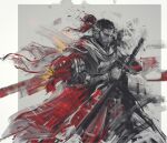  1boy closed_eyes closed_mouth highres holding holding_sword holding_weapon katana male_focus multicolored_hair ponytail red_theme sekiro sekiro:_shadows_die_twice sheath sheathed shimhaq sketch solo streaked_hair sword weapon 