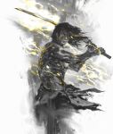  ashina_genichirou commentary english_commentary highres holding holding_sword holding_weapon long_hair looking_at_viewer monochrome open_mouth sekiro:_shadows_die_twice shimhaq shirtless sword two-handed weapon yellow_theme 