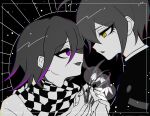  2boys bangs black_background border buttons checkered checkered_scarf danganronpa_(series) danganronpa_v3:_killing_harmony double-breasted eye_contact flower hair_between_eyes hands_up holding looking_at_another male_focus multiple_boys open_mouth ouma_kokichi pink_eyes pink_hair profile purple_eyes saihara_shuuichi sasakama_(sasagaki01) scarf spot_color white_border yellow_eyes 