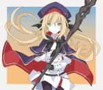  1girl artoria_pendragon_(all) artoria_pendragon_(caster)_(fate) bangs black_bow black_gloves black_ribbon blonde_hair bow buttons cloak double-breasted fate/grand_order fate_(series) gloves green_eyes hair_between_eyes hair_ribbon hat highres holding holding_staff holding_weapon kujiramaru long_hair looking_at_viewer pantyhose ribbon skirt solo staff two-sided_cloak two-sided_fabric upper_body weapon white_skirt white_uniform 