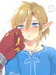  ! 2boys :o bangs blonde_hair blue_eyes blue_shirt blush commentary_request earrings hair_between_eyes hands highres jewelry link male_focus multiple_boys open_mouth pointy_ears shiny shiny_hair shirt sidon simple_background spoken_exclamation_mark sweat tears the_legend_of_zelda the_legend_of_zelda:_breath_of_the_wild ttanuu. upper_body yaoi yellow_nails 