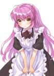  1girl alternate_costume apron black_dress brown_eyes commentary_request cowboy_shot dress embarrassed enmaided frilled_apron frills futaki_kanata hair_bobbles hair_ornament leaning_forward little_busters! long_hair looking_at_viewer maid mitsuyo_(mituyo324) purple_hair simple_background solo two_side_up white_apron white_background 