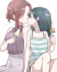  2girls 66ta1yak1 age_difference blue_hair closed_eyes commentary_request eyebrows_visible_through_hair eyes_visible_through_hair food hanamura_sayaka hanamura_yuuki highres imminent_kiss incest mother_and_daughter multiple_girls popsicle red_eyes red_hair shirt short_hair simple_background sitting sleeveless sleeveless_shirt striped striped_shirt watermelon_bar white_background yuri yuru_oyako 