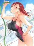  1girl asahina_hikage blue_sky breasts cleavage cloud collarbone commentary_request competition_swimsuit covered_navel covered_nipples day dutch_angle empty_pool grin hand_on_hip highres hose large_breasts long_hair one-piece_swimsuit original outdoors red_eyes red_hair sky smile solo swimsuit water 