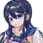  1girl bangs black_hair blue_eyes blue_hair blue_sailor_collar closed_mouth commentary_request danganronpa:_trigger_happy_havoc danganronpa_(series) esu_(tasoesu) hair_between_eyes hair_ornament hairclip hand_on_own_chin hand_up long_hair long_sleeves looking_at_viewer maizono_sayaka sailor_collar school_uniform serafuku shiny shiny_hair shirt simple_background smile solo upper_body white_background white_shirt 