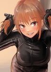  1girl black_bodysuit black_gloves blush bodysuit breasts brown_eyes bunching_hair gloves highres kilye_kairi large_breasts latex latex_bodysuit latex_gloves leaning_forward looking_at_viewer orange_hair original skin_tight smile solo standing twintails twintails_day 