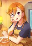  1girl apron arm_rest bangs black_shirt blush breasts cafe counter cup drinking_glass drinking_straw elbow_rest hair_between_eyes head_rest highres lamp long_hair looking_at_viewer love_live! love_live!_superstar!! open_mouth orange_hair purple_eyes qy73 shibuya_kanon shirt short_sleeves smile solo upper_body upper_teeth 