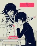  2boys :d ? bangs blood buttons chair checkered checkered_neckwear checkered_scarf closed_eyes commentary_request danganronpa_(series) danganronpa_v3:_killing_harmony hand_up holding holding_knife holding_spoon jacket knife long_sleeves looking_down male_focus multiple_boys open_mouth ouma_kokichi pink_blood plate saihara_shuuichi sasakama_(sasagaki01) scarf short_hair smile spoon spot_color table 