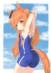  1girl absurdres animal_ears armpits arms_behind_head arms_up ass bangs bare_arms bare_shoulders black_ribbon blue_swimsuit blush brown_eyes chestnut_mouth clip_studio_paint_(medium) commentary_request day ear_ribbon eyebrows_visible_through_hair highres horse_ears horse_girl horse_tail long_hair maru_shion mayano_top_gun_(umamusume) one-piece_swimsuit orange_hair parted_lips ribbon solo stretch swimsuit tail two_side_up umamusume very_long_hair 