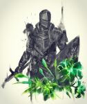  1girl ambiguous_gender anri_of_astora armor flower full_armor green_flower green_theme helmet highres holding holding_shield holding_sword holding_weapon monochrome pauldrons shield shimhaq shoulder_armor solo souls_(series) sword upper_body weapon 