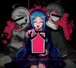  1boy 2girls :d akamatsu_kaede amami_rantarou bangs black_background black_jacket blood blood_on_face blue_hair breasts censored closed_eyes collarbone collared_shirt commentary_request danganronpa_(series) danganronpa_v3:_killing_harmony english_text glasses iei jacket jewelry limited_palette long_hair long_sleeves looking_at_viewer medium_breasts multiple_girls necklace open_mouth pants pink_blood pleated_skirt rope sasakama_(sasagaki01) shirogane_tsumugi shirt sitting skirt smile striped striped_shirt vest white_shirt 