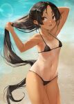  1girl beach bikini black_bikini black_hair blush brown_eyes cowboy_shot fang kantai_collection long_hair nisshin_(kancolle) ocean one-piece_tan open_mouth short_eyebrows solo swimsuit tan tanlines toka_(marchlizard) very_long_hair wet 