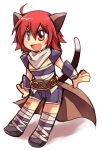  1boy :d ahoge animal_ears armor assassin_(ragnarok_online) bandages bangs blush brown_cape cape cat_ears cat_tail chibi commentary_request crossdressing emon-yu eyes_visible_through_hair fang full_body hair_between_eyes heart looking_afar male_focus misty_(ragnarok_online) open_mouth otoko_no_ko pauldrons purple_shorts ragnarok_online red_eyes red_hair scarf shirt short_hair shorts shoulder_armor simple_background skin_fang sleeveless sleeveless_shirt smile solo tail waist_cape white_background white_scarf 