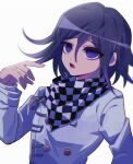  1boy bangs buttons checkered checkered_neckwear checkered_scarf commentary_request danganronpa_(series) danganronpa_v3:_killing_harmony double-breasted grey_jacket hair_between_eyes hand_up jacket long_sleeves looking_at_viewer male_focus open_mouth ouma_kokichi pink_hair sasakama_(sasagaki01) scarf shiny shiny_hair simple_background solo teeth upper_body 